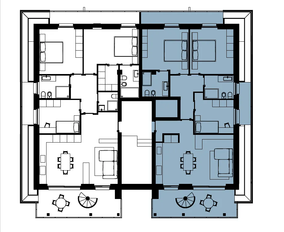 Planimetria piano con due appartamenti speculari, quadrilocale con 3 camere e soggiorno open space peschiera del garda