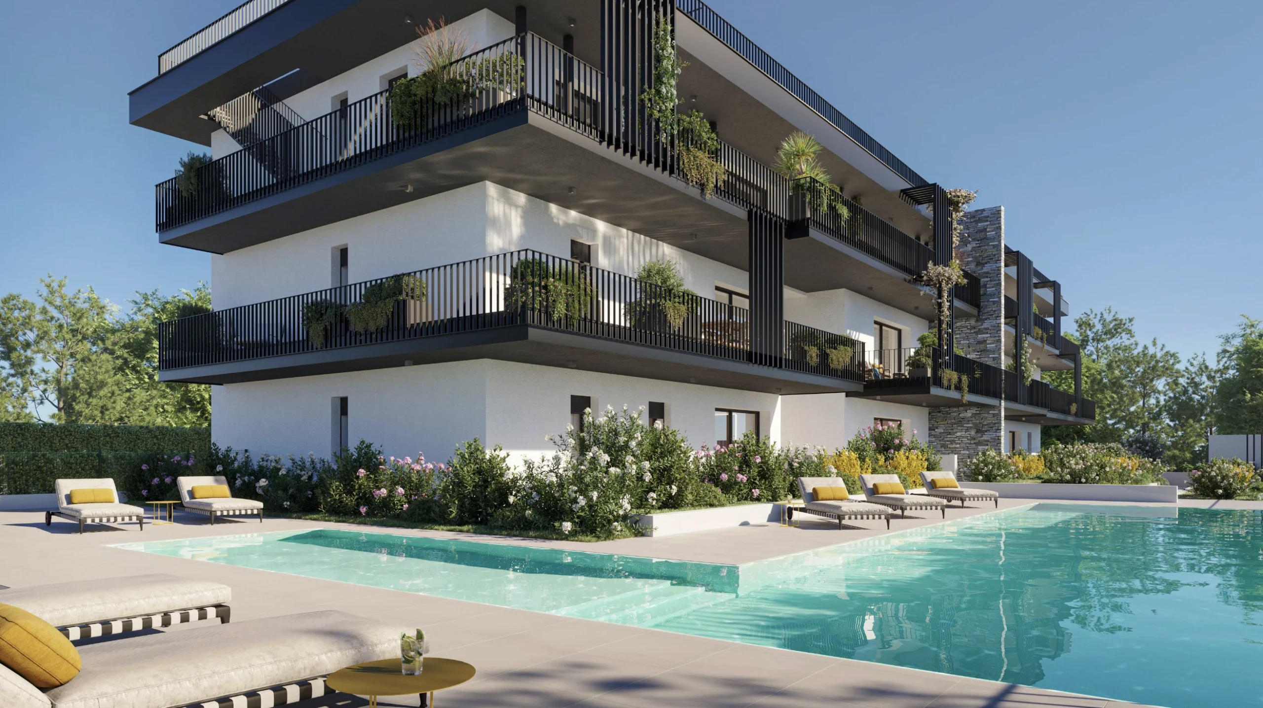 Residence Incanto a Desenzano del Garda con piscina panoramica, terrazze verdi con fiori e balconi vista Lago di Garda