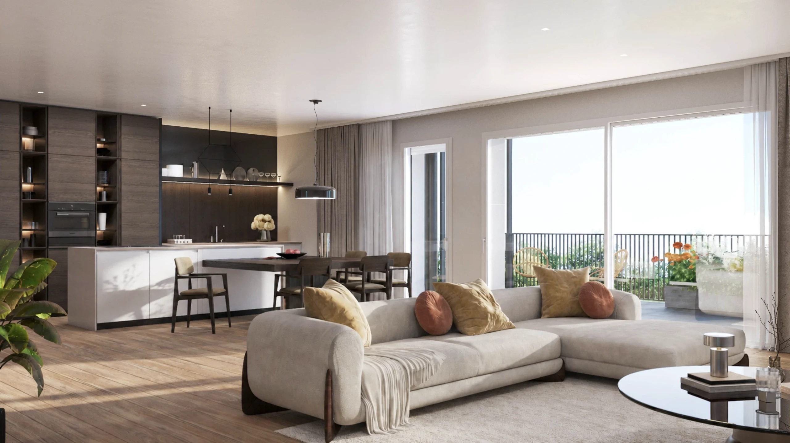 Cucina e soggiorno moderni del Residence Incanto a Desenzano del Garda con ampie vetrate affacciate sul terrazzo