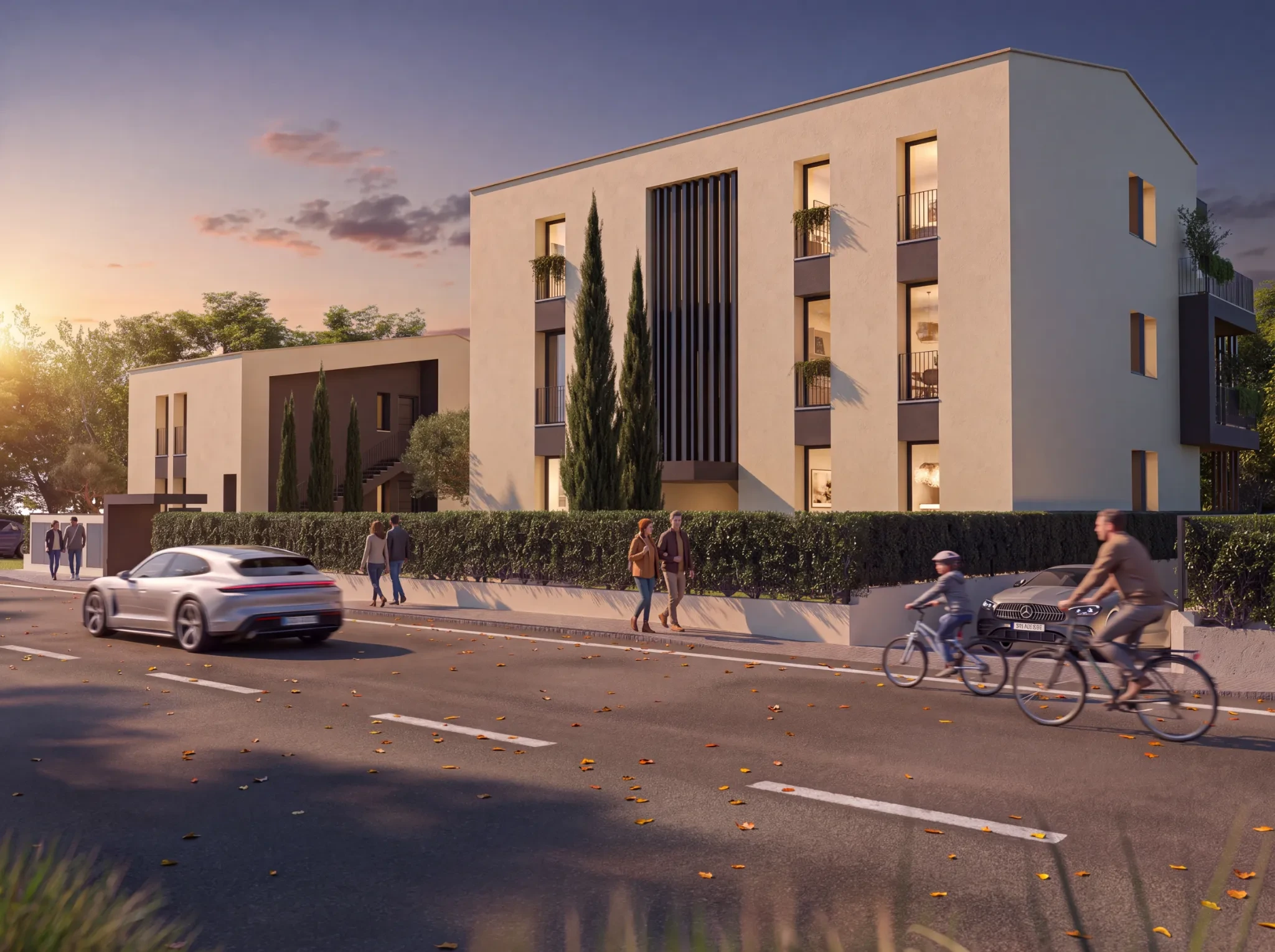 Residenza Alvea a San Martino della Battaglia al tramonto con architettura moderna e alberi a pochi minuti dal Garda