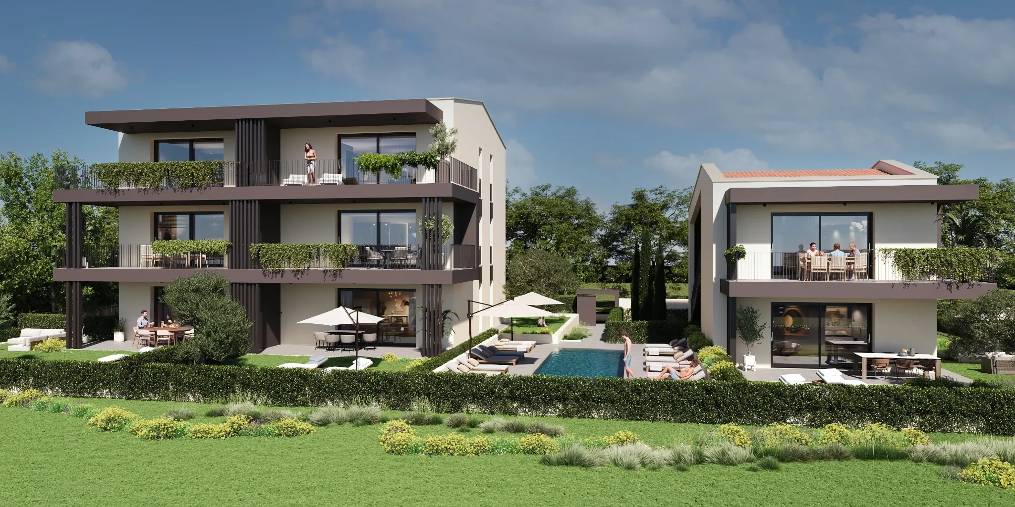 Retro della Residenza Alvea a San Martino della Battaglia con piscina privata, giardino curato e ampi balconi