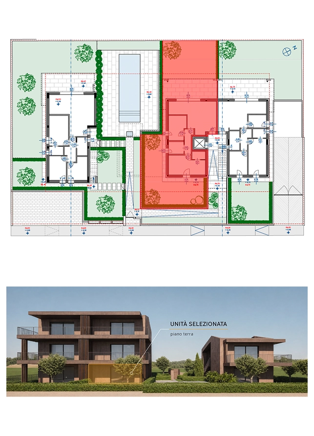 Planimetria complesso con appartamento 3 al piano terra e giardino privato, residenza Alvea a San Martino della Battaglia