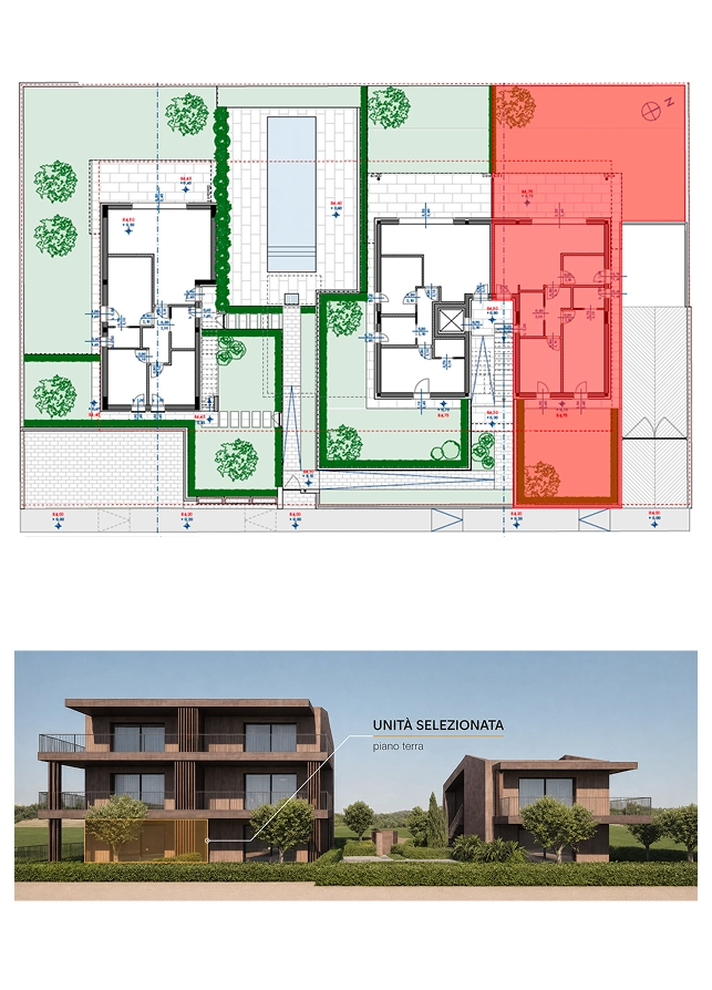 Planimetria complesso con appartamento 4 al piano terra e giardino privato, residenza Alvea San Martino della Battaglia